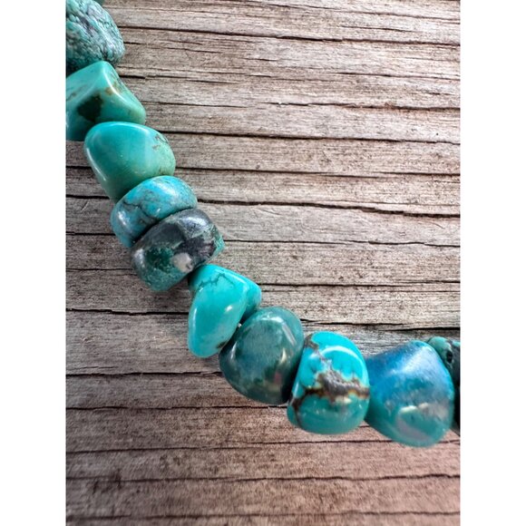 Vintage Turquoise Nugget Bead Necklace Sterling Silver Ends Hook Clasp Southwest - Picture 7 of 11